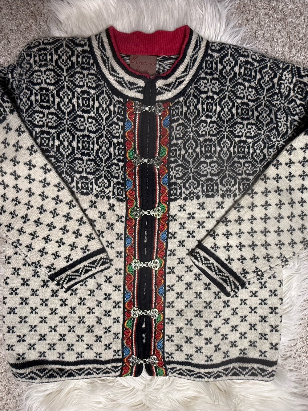 Christiania Norwegian-Style Black Cream Women's Knit Cardigan Sm